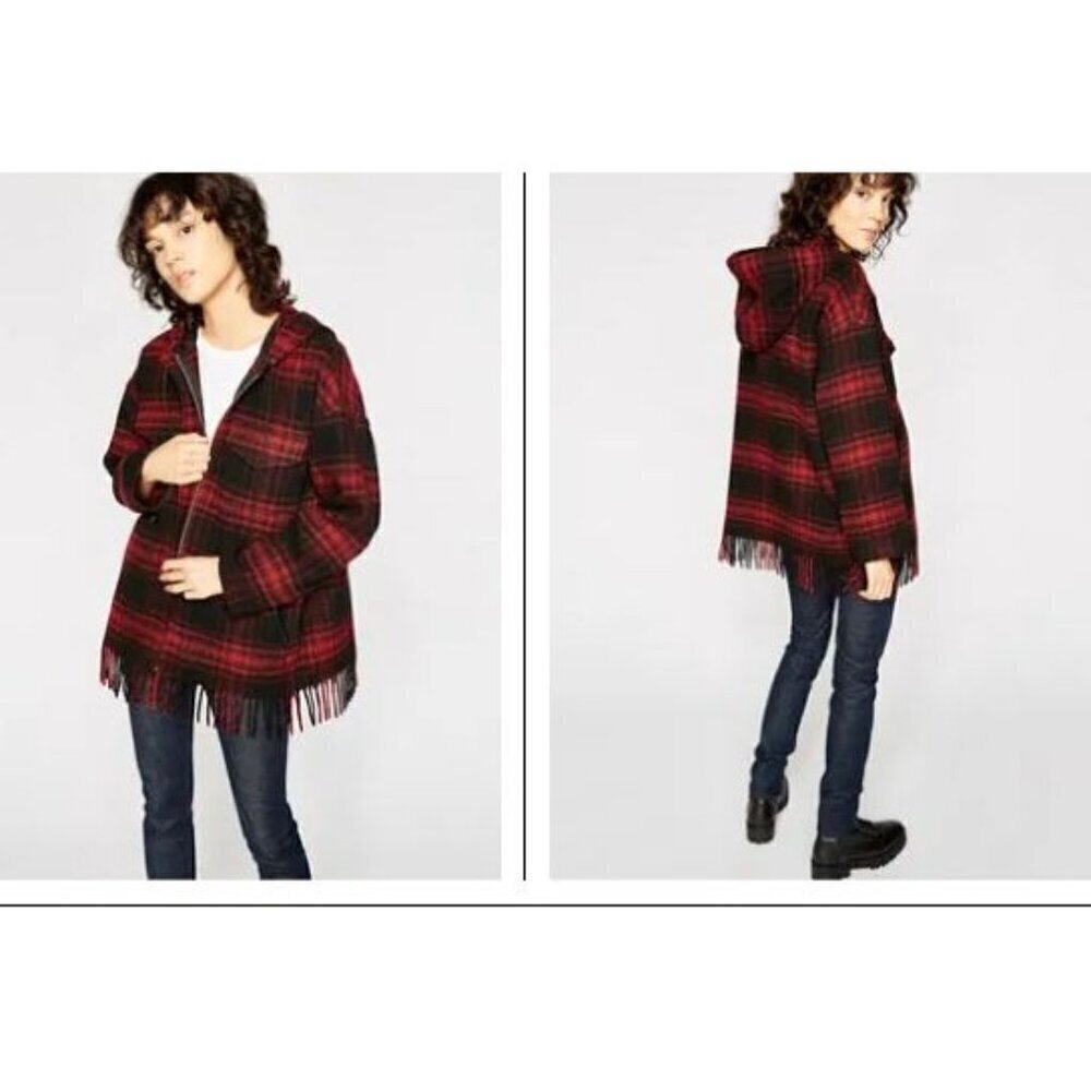 The Kooples Buffalo Plaid Red Wool Sweater Coat Fringe  SZ M